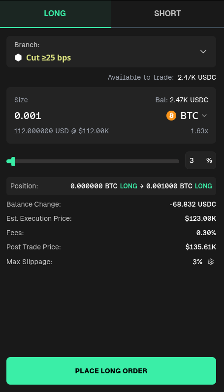 Trade panel showing long and short tabs, size input, and order details