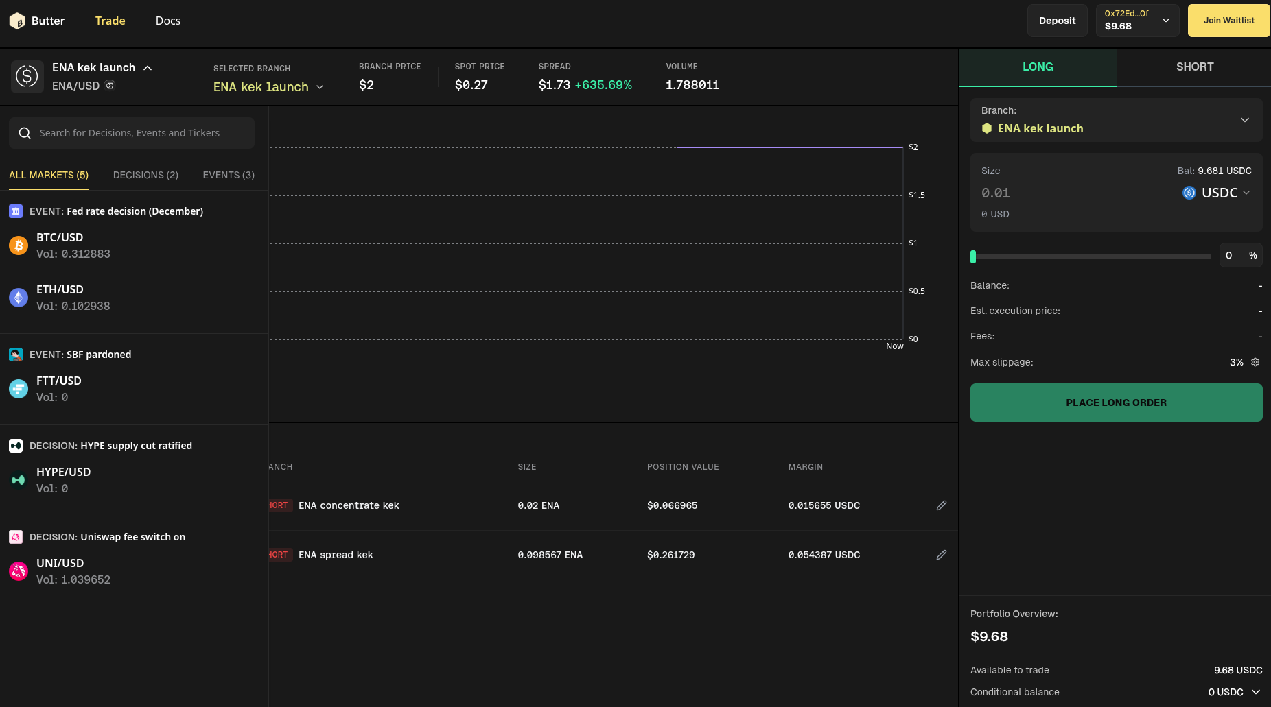 Market selector showing the list of events and assets on the left side of the trading screen