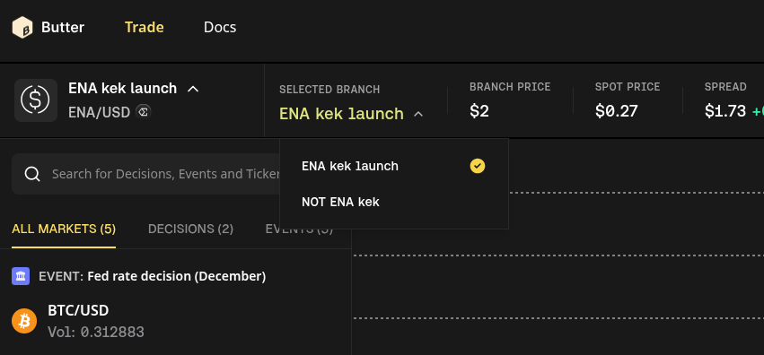 Branch selector dropdown showing the available outcome branches for the selected event and asset