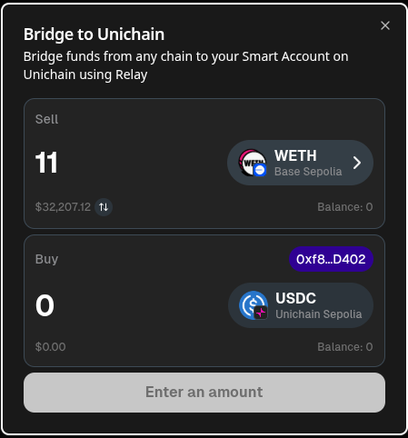 Bridge to Unichain modal showing how to move funds into your Butter wallet